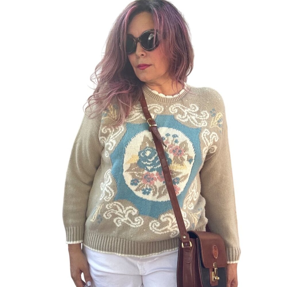 Vintage Cricket Lane Floral Knit Sweater X-Large Beige & Blue
